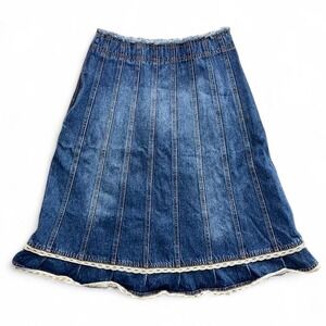 Vintage Y2K Denim Midi Skirt w/ Lace Size Medium Boho Cottage Western
